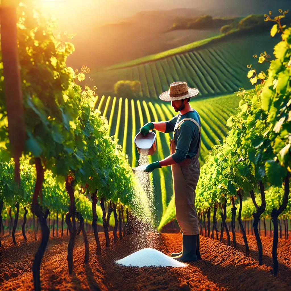 DALL·E 2025-02-03 19.18.46 - A vineyard worker fertilizing grapevines with urea in a lush green vineyard. The worker is dressed in a straw hat, long sleeves, and gloves, spreading
