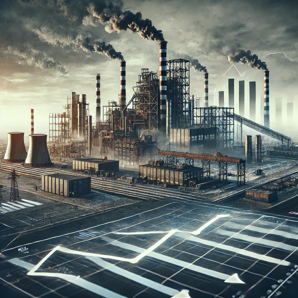 DALL·E 2024-08-22 19.58.56 - A conceptual image depicting the decline in industrial activity. The scene shows a large factory or industrial plant with smokestacks, but the factory