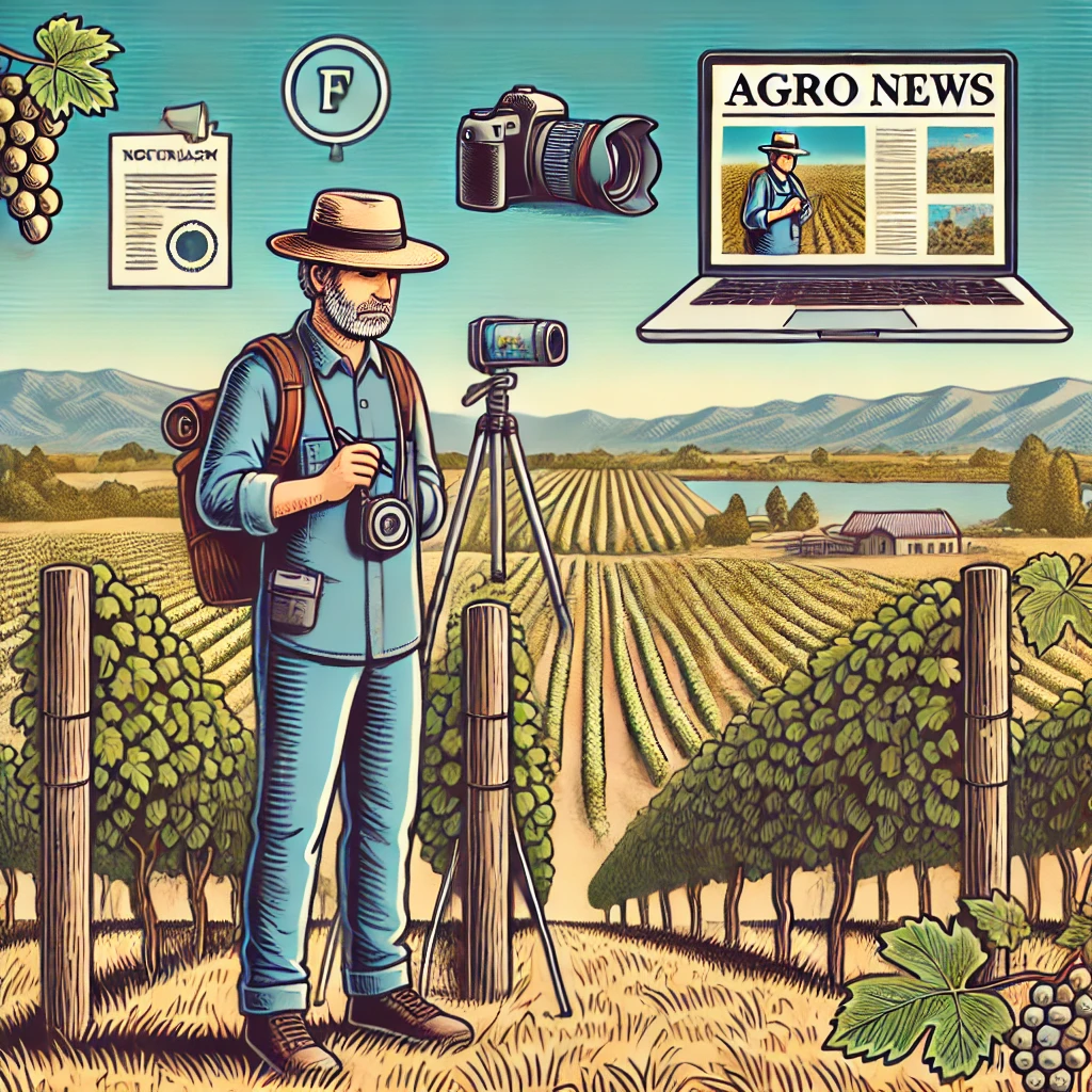 DALL·E 2024-09-01 18.26.05 - An illustration celebrating the Day of the Agricultural Journalist in Argentina, focused on a vineyard setting. The scene shows a rural landscape with