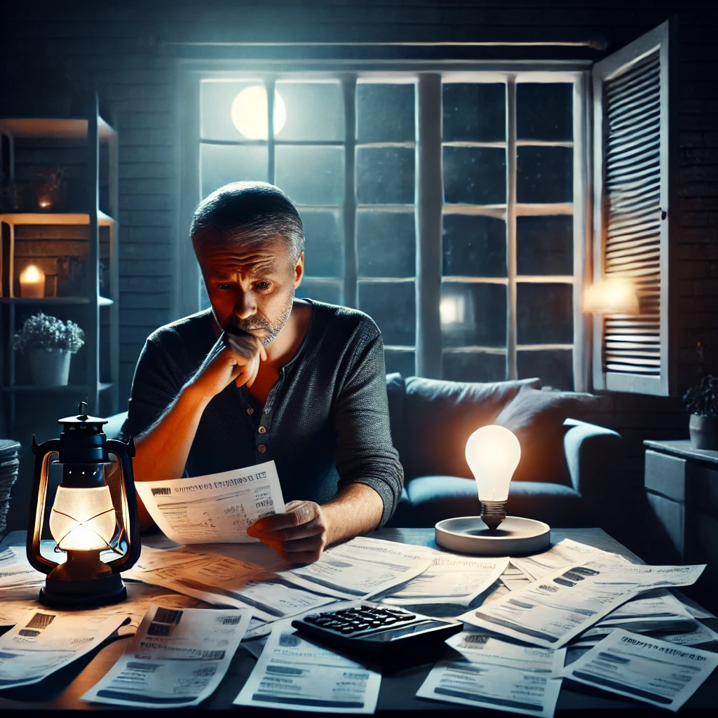 DALL·E 2024-09-11 22.21.17 - A conceptual image representing a power outage and unpaid bills. Show a dimly lit room with a person looking frustrated or worried, sitting at a table