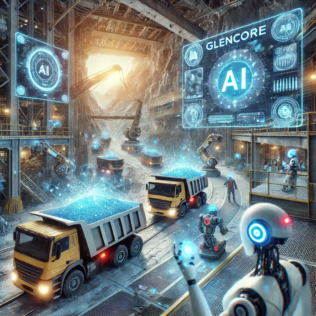 DALL·E 2025-02-21 18.10.18 - A futuristic mining operation showcasing artificial intelligence in action. Autonomous trucks transport minerals while AI-powered robotic arms work in