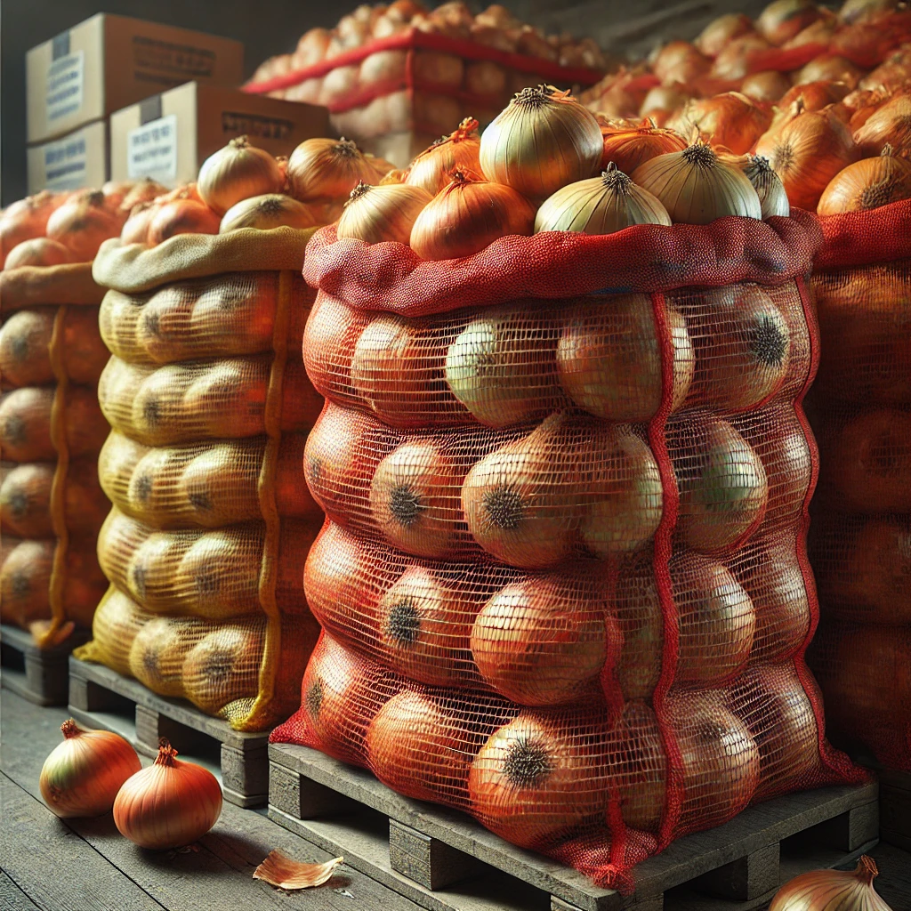DALL·E 2024-12-16 18.34.22 - A detailed and realistic image of bags of onions stacked in a market setting. The bags are made of orange and red mesh, showing the onions inside. The