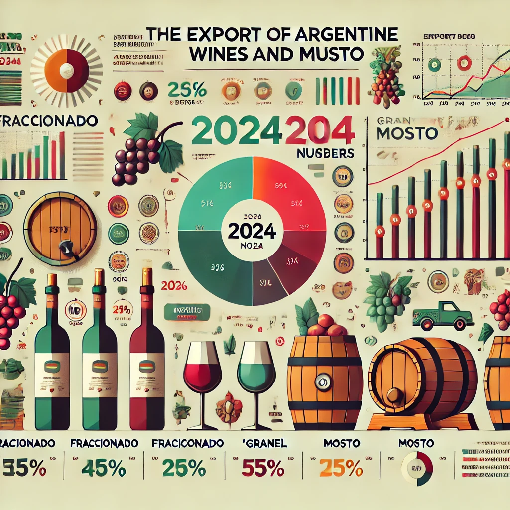DALL·E 2024-10-21 17.55.46 - An infographic representing the export of Argentine wines and musts in 2024 without any numbers. The image features wine bottles, wine barrels, and gr